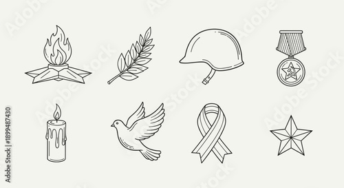 Collection of symbols representing remembrance, peace, and military service in a simple line art style