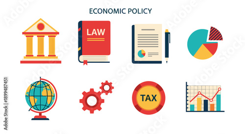 Economic policy icons representing law, finance, and global business concepts