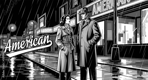 Retro couple in trench coats standing on a rainy city street at night