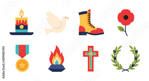 Collection of symbols representing remembrance, peace, and military service
