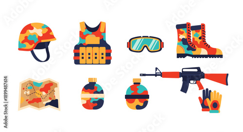 Military equipment and survival gear with camouflage pattern, vector illustration
