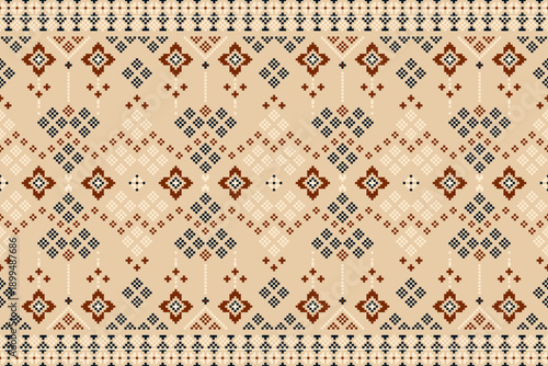 Traditional ethnic geometric seamless pattern. Tribal embroidery ornament for textile, fabric, and design in terracotta and beige tones.
