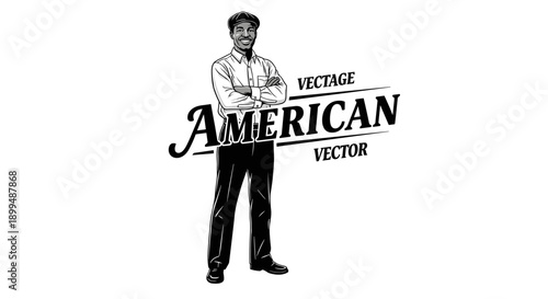 Vintage American man with arms crossed, wearing a cap and shirt