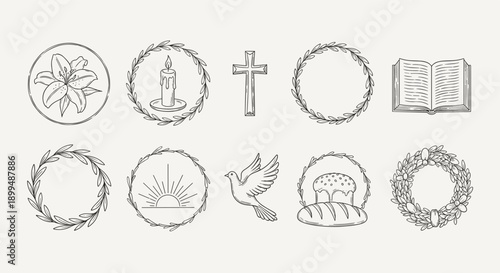 Collection of hand-drawn religious and Easter symbols in a minimalist line art style