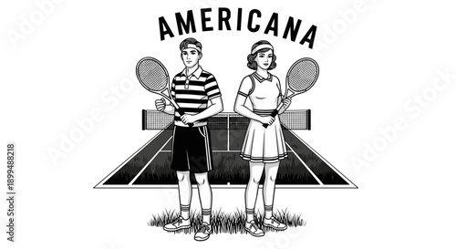 Vintage couple holding tennis rackets on a court with Americana text above