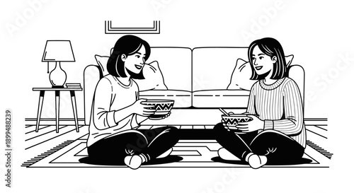Two young women enjoying a meal together while sitting on the floor in a cozy living room