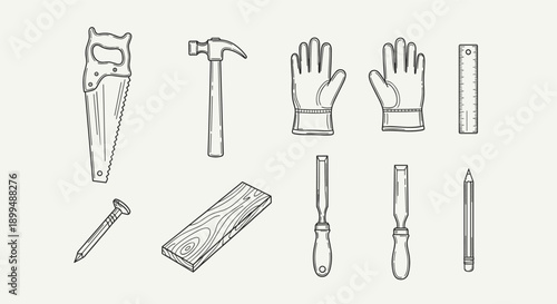 Collection of hand tools and safety gear for woodworking and construction projects