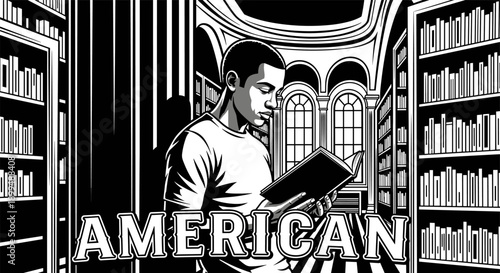 Young Black man engrossed in reading a book in a grand library setting