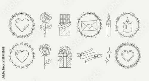 Hand-drawn romantic icons collection for Valentine's Day and love themes