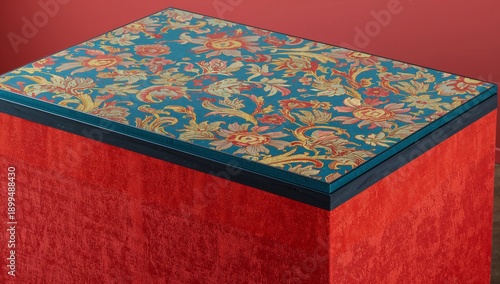 Decorative Table With Colorful Floral Design Placed on a Red Background