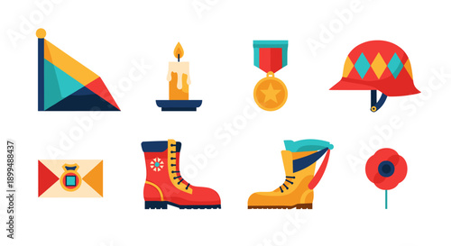 Collection of flat design icons representing remembrance and military service symbols
