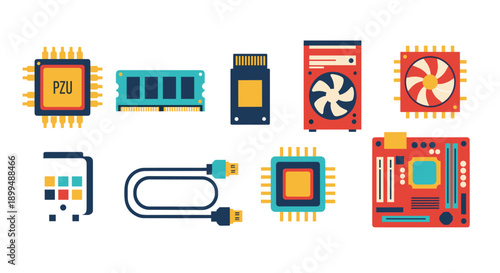 Collection of computer hardware components illustrated in a flat design style
