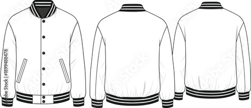 Varsity jacket technical sketch, striped ribbed collar and cuffs, button-up front, side pockets, back view fashion illustration
