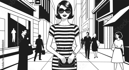 Stylish woman in sunglasses and striped dress walks down a city street with people around