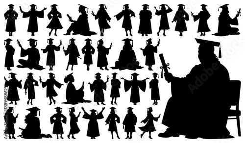 Female Student Silhouettes Large Collection, Celebrating Graduation and Holding Diplomas on Transparent Background