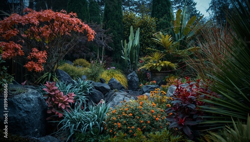 Evening Garden Scene With Lights Illuminating Plants and Grass in a Quiet Space