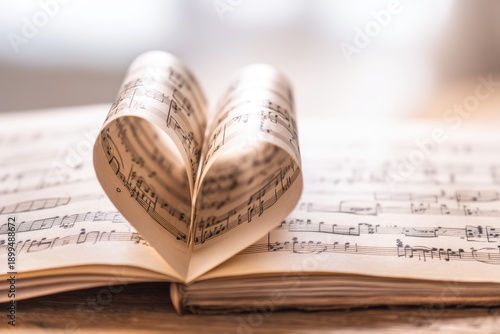 Book pages folded into heart shape with musical notes symbolizing love for music, art and literature, romantic creative concept ideal for cultural projects, editable composition