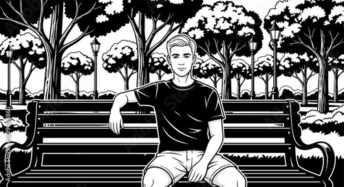Young man sitting on a park bench in a black and white illustration style