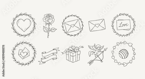 Collection of hand-drawn Valentine's Day icons and elements for romantic design projects