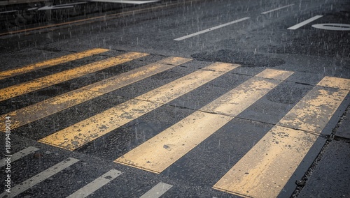 Rain Falls on a Wet Crosswalk in a City During a Cloudy Day in the Late After...