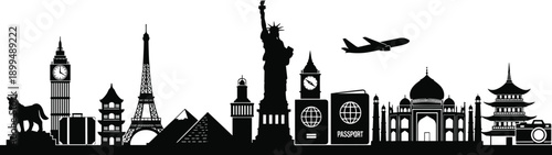 World travel landmarks skyline silhouette with airplane passport luggage camera black vector illustration for tourism journey destination concept