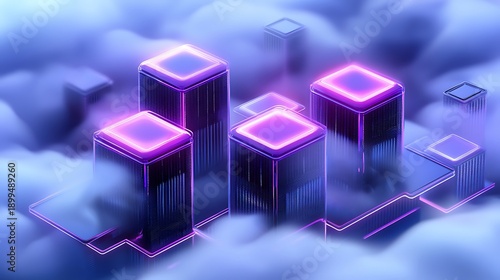 A futuristic digital city of glowing purple and blue data blocks amidst ethereal clouds and mist