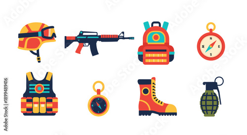 Collection of military and survival gear icons, including helmet, rifle, backpack, and compass