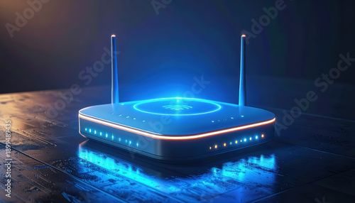 A sleek, modern wireless router with blue and orange glowing lights, on a wet, reflective surface, representing connectivity and internet.
