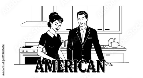 Retro couple in a kitchen with the word AMERICAN displayed prominently