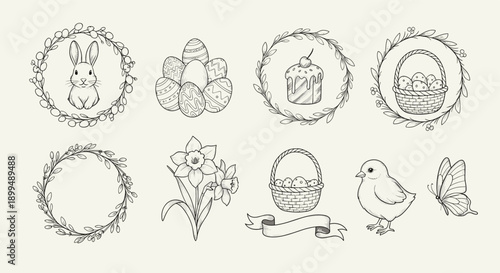Hand-drawn Easter elements collection with bunny, eggs, cake, chick, and flowers