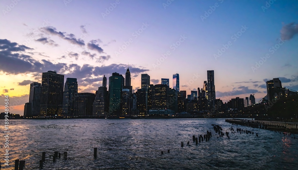 Naklejka premium Dusk embraces Manhattans illuminated skyline