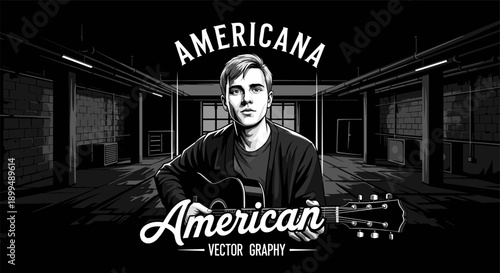 Young man playing acoustic guitar in a dark, industrial-style room with Americana text