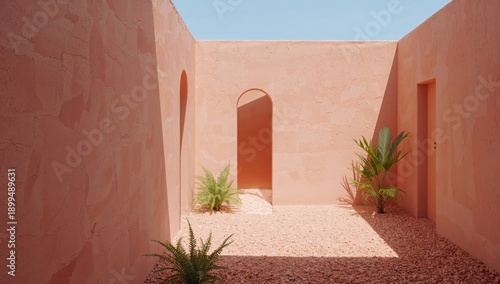 Bright Courtyard With Red Walls and Plants in a Calm Outdoor Space During Day...