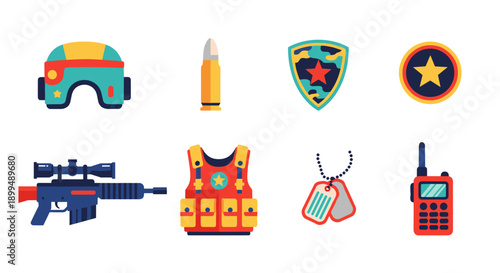 Collection of military equipment icons including a rifle, helmet, vest, and communication devices