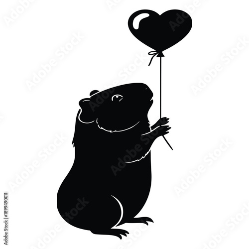 Adorable guinea pig holding heart shaped balloon in cute black silhouette design on white background