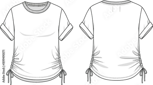 Short-sleeved top technical sketch, ruched drawstring sides, rolled sleeves, round ribbed neckline, front and back fashion illustration