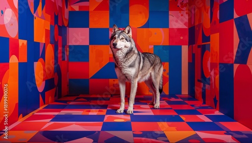 Dog Stands in Colorful Room With Geometric Patterns During Daytime