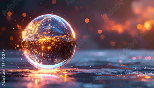 Luminous sphere with glowing orange patterns, reflecting light on a dark, wet surface with blurred orange bokeh lights in the background