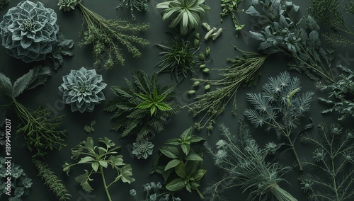 Green Plants and Herbs Arranged on a Dark Surface for a Botanical Display