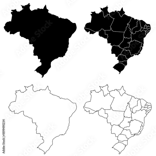 Brazil Map Black and White Silhouettes with Regional Outlines – Editable Layered EPS | Brazil Outline Vector