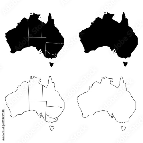 Australia Map Black and White Silhouettes with Regional Outlines – Editable Layered EPS | Australia Outline Vector