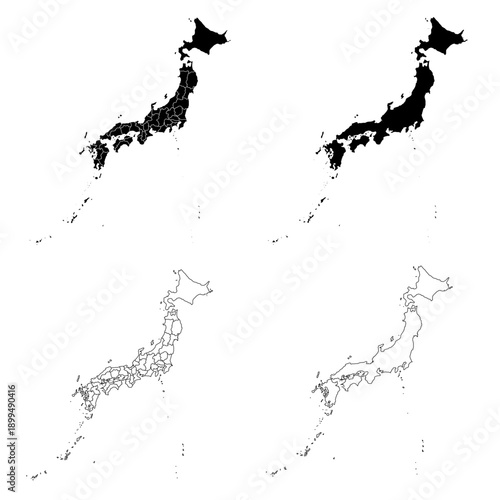 Japan Map Black and White Silhouettes with Regional Outlines – Editable Layered EPS | Japan Outline Vector