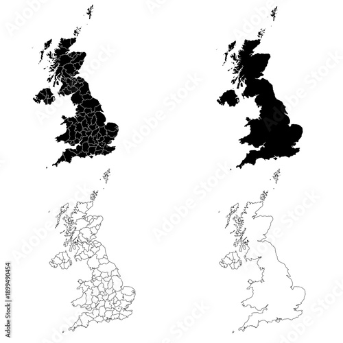 United Kingdom Map Black and White Silhouettes with Regional Outlines – Editable Layered EPS | UK Outline Vector