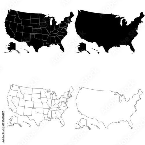 United States Map Black and White Silhouettes with Regional Outlines – Editable Layered EPS | USA Outline Vector