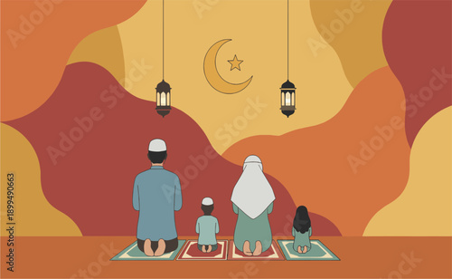Family Praying Together Islamic Illustration.