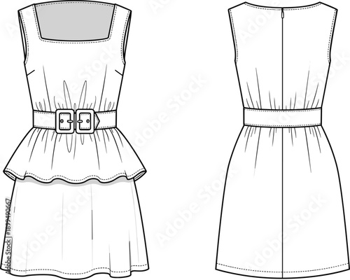 Sleeveless dress technical sketch, square neckline, peplum waist detail, belted bodice, short flared skirt, front and back illustration