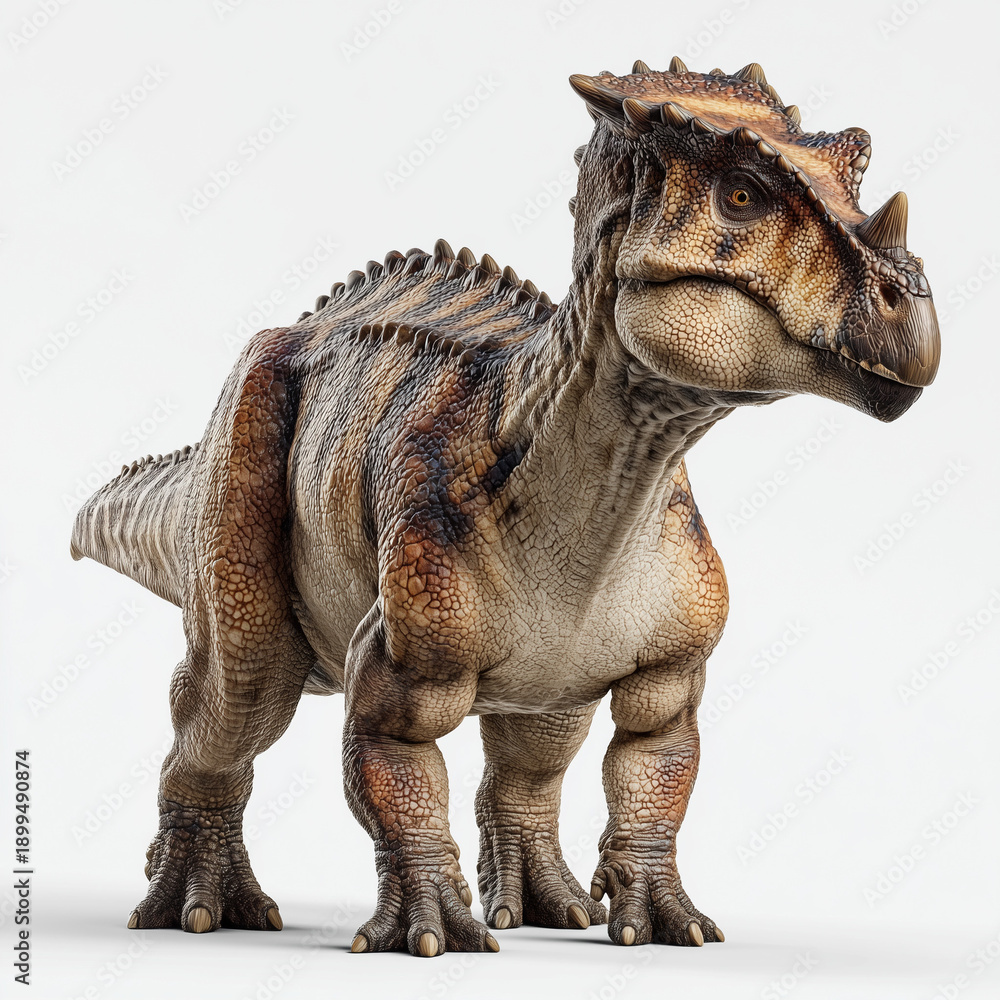 Fototapeta premium A striking, medium-sized ceratopsian-like dinosaur, adorned with a highly spiked frill and a body patterned with brown and tan stripes, stands proudly facing right on a white background.