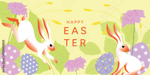 Set of Easter greeting posters with bunny rabbits, decorated eggs, spring flowers and leaves. Happy Easter holiday concept. Flat vector illustration for card, poster, sale, promo and celebration