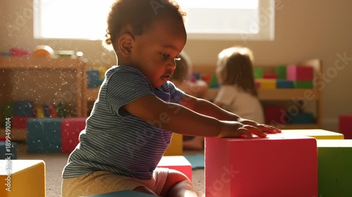 Toddler plays with colorful blocks in classroom. Child stacks toy blocks during playtime. Boy learning with educational toys. Toddler develops skills at preschool. Child plays in daycare room.