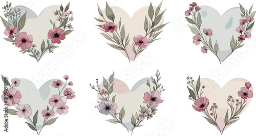 Elegant collection of six floral heart illustrations featuring delicate pink flowers and green leaves in a soft watercolor vector style for romantic wedding invitations and greeting cards